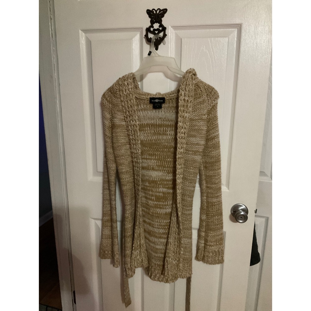 Its Our Time Hooded Cardigan Sweater Tan Cream Space Dye Tie Waist Shimmer Large